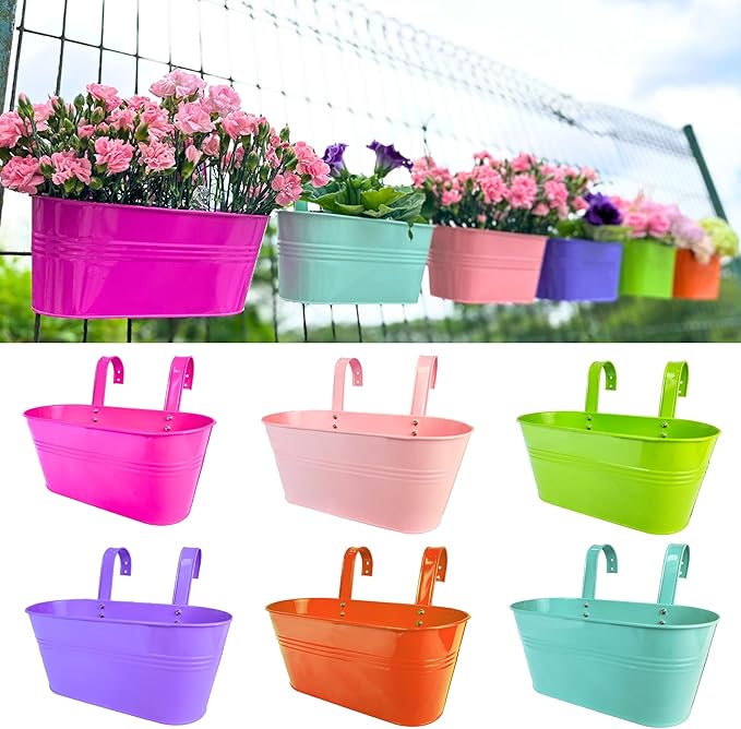LaLaGreen Rail Planter (17 Inch, 6 Pack) Colorful Metal Hanging Flower Pots Railing Fence Balcony Gardening for Apartment Patio Planters Modern Garden Style Iron Outdoor Decoration Porch Decor