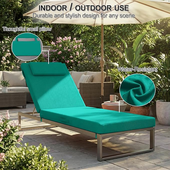 Outdoor Chaise Lounge Cushions, 72x21 Inch Olefin Water & Fade Resistant Pool Lounge Chair Cushions, Patio Sun Lounger Pad with Pillow & Straps for Patio, Pool, Deck, Lawn, Lake Blue
