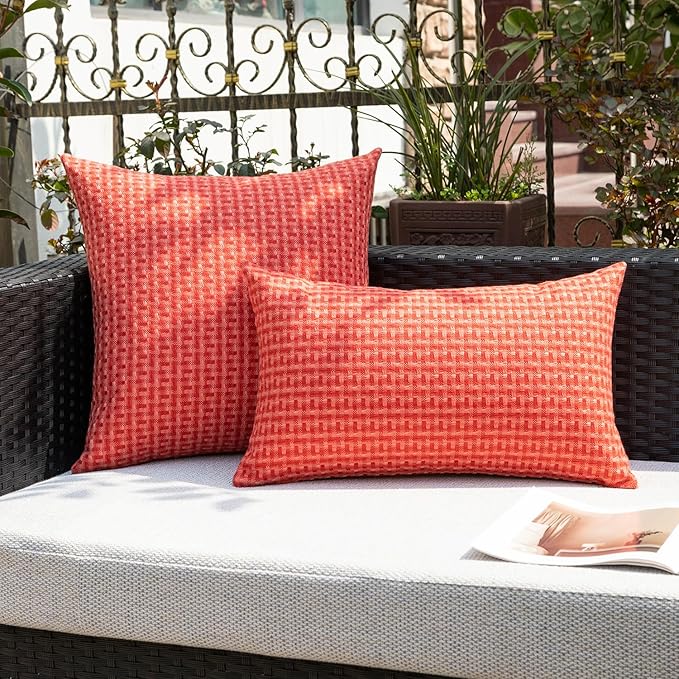 Kevin Textile Valentines Day Outdoor Waterproof Throw Pillow Covers Pack of 2 Weaving Texture Water Resistant Outside Decorative Cushion Covers for Garden Tent Balcony Bench Couch Sofa 18x18 Inch, Red
