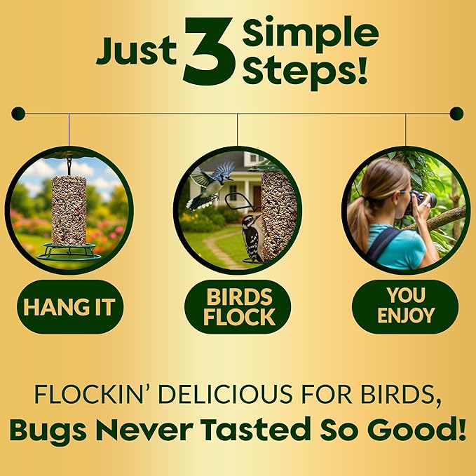 Bugs, Nuts & Berries Bird Seed Cylinders with Hole – Wild Bird Food for Blue Birds, Woodpeckers, Cardinals & More – Premium Protein-Rich All Natural Blend, No Fillers – USA Made (4" x 7.75")