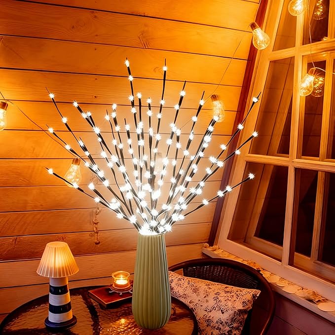 DK177 4 Pack Led Branch Light Battery Operated Lighted Branch Vase Filler Willow Tree Artificial Little Twig Power Brown 30 Inch 20 LED for Home Romantic Decoration, White