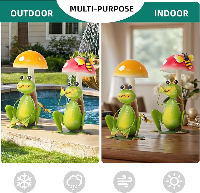 15.3" Large Frog Decor Set of 2, Handcrafted 3D Lifelike Metal Frog with Mushroom Sculpture, Outdoor Yard Art for Garden, Lawn & Home, Ideal Gift for Friends for Birthday Day & Housewarming