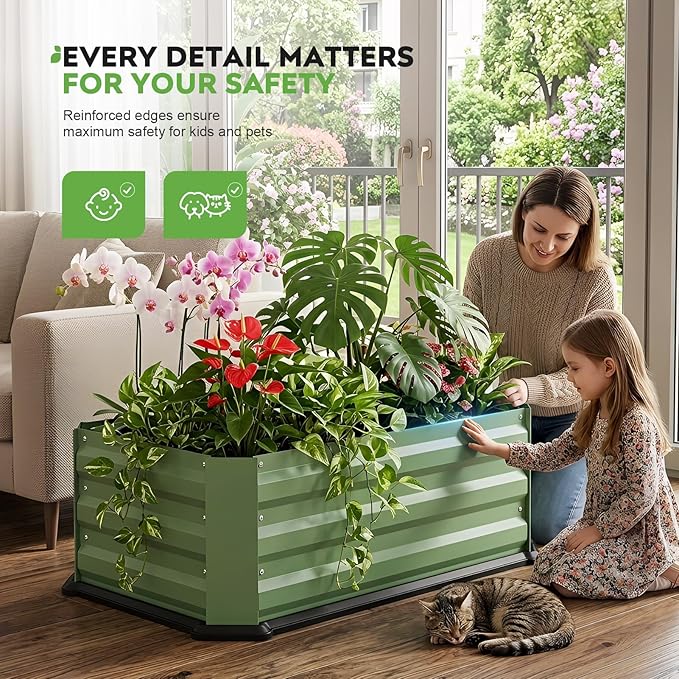 Galvanized Raised Garden Bed with Bottom, Indoor Metal Raised Garden Beds, Easy Assembly No leaks & Rust-Proof Flower Bed, Outdoor Planter Box for Vegetables, Herbs, Patio, Garden, Balcony, Green