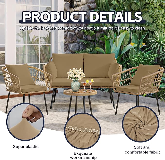 8Pcs Patio Cushion Covers,Outdoor Cushions Covers,Stretch Cushion Covers Replacement, Washable and Reusable Furniture Protectors(Khaki)