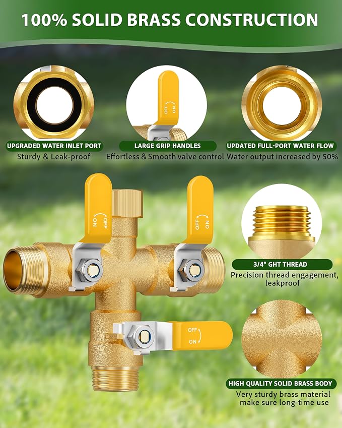 Garden Hose Splitter, 3 Way Heavy Duty Brass hose splitter, Water Hose Bib Spigot Splitter with 0.59" Full Flow Ball Valve Outlet & Shut-Off Valve 3/4'' Connector Outdoor Water Faucet Adapter (Yellow)