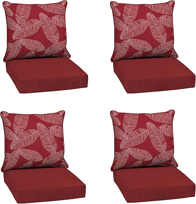 Arden Outdoor Deep Seat Cushion Set (4-Pack), 24 in x 24 in, Weather-Proof, Rain-Proof, Fade Resistant Patio Cushion for Chair, Sofa, and Couch Red Leaf Palm