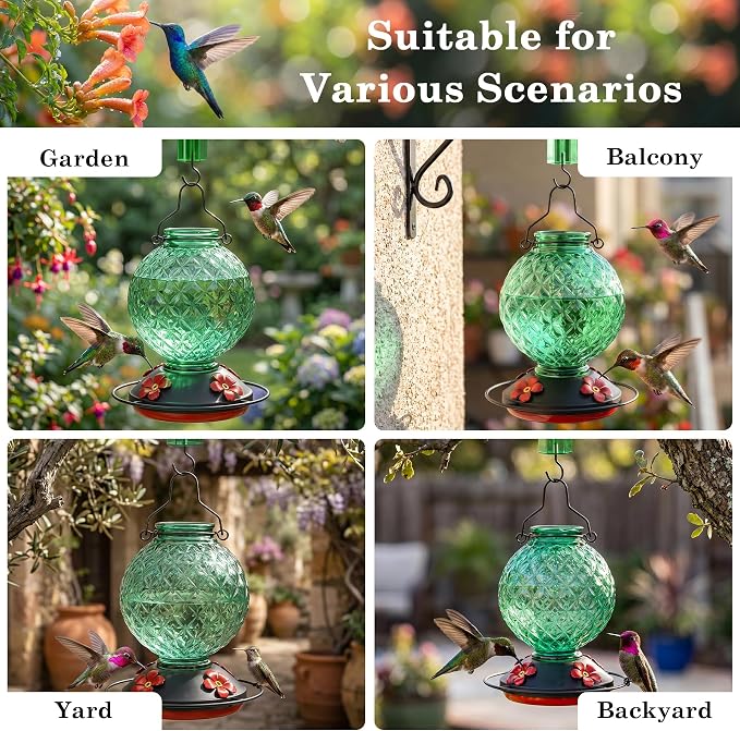 25 OZ Glass Hummingbird Feeder for Outdoors, Leak Proof Hummingbird Feeder with Ant Moat, 4 Bee Resistant Feeding Ports, Easy Clean Wide Mouth Design, 360° Perch, Green