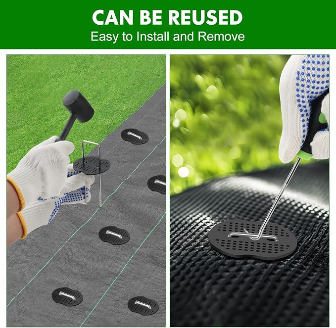 Turf Nails Set,6Inch 200pcs Galvanized Garden Staples + 200pcs Gaskets + Pick Hook + Rubber Hammer + Gloves,Anti-Rust,U-Shaped Yard Spikes,Landscaping Fabric Pins for Ground Weed Barrier,Grass Cover