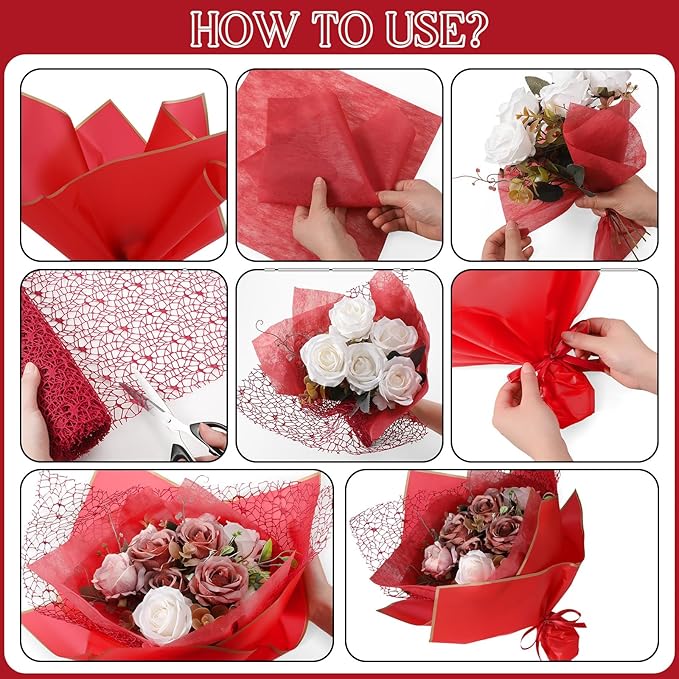 Qilery 334 Pcs Flower Wrapping Paper Set,153 Waterproof Floral Bouquet Wrapping Paper,72 3D Gold Butterfly Decoration,100 Pins, 6 Crowns and 3 Ribbons for DIY Craft(Red, Black, White)