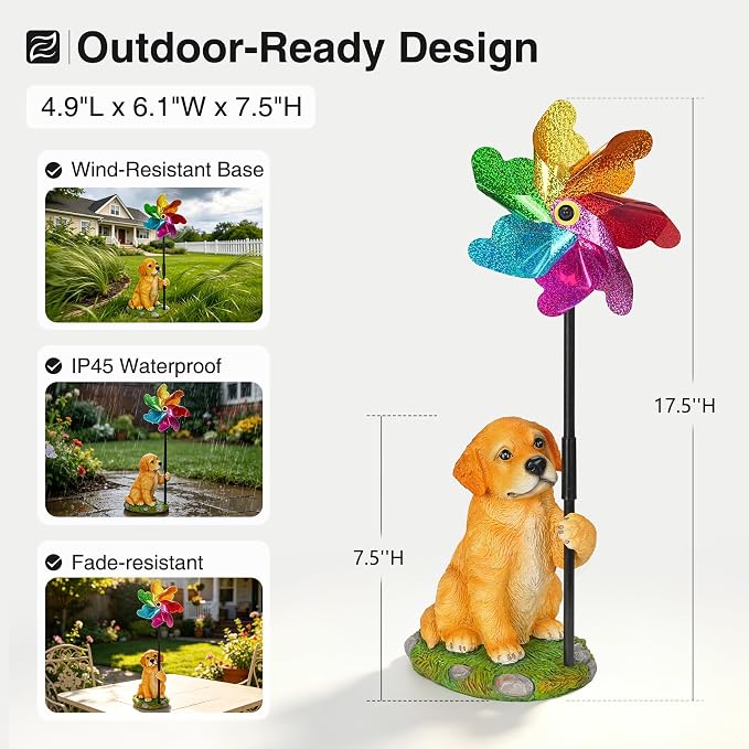 Dog Wind Spinner Decor, Waterproof Resin Golden Retriever Garden Statue with Colorful Pinwheel for Outdoor Patio, Flower Bed, Poolside, Backyard Lawn