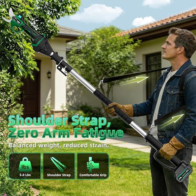2.5" Cutting Diameter, 15FT Reach, 2-in-1 Pole Electric Pruning Shears - Brushless Motor, 21V Dual 4.0Ah Batteries, Extra SK7 Blade, Stainless Steel Pole, 2 Modes Adjustable for Tree & Flower