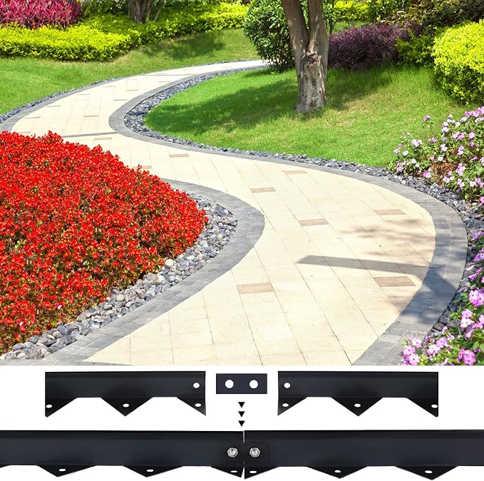 Pushglossy 39.37 inch Metal Paver Edging with Spikes for Paver Projects 39.37" L x 1.2" H Black Bendable Metal Strips Yard Landscape Lawn Edging Border Pathway Divider for Lawn, Garden, Yard