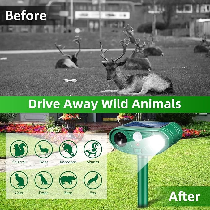 2026 Upgraded Solar Animal Repellent Outdoor 2 Pack – Ultrasonic Deer Deterrent Devices with Motion Sensor Strobe Light, IP65 Waterproof Cat Raccoon Rabbit Squirrel Repeller to Protect Yard Garden
