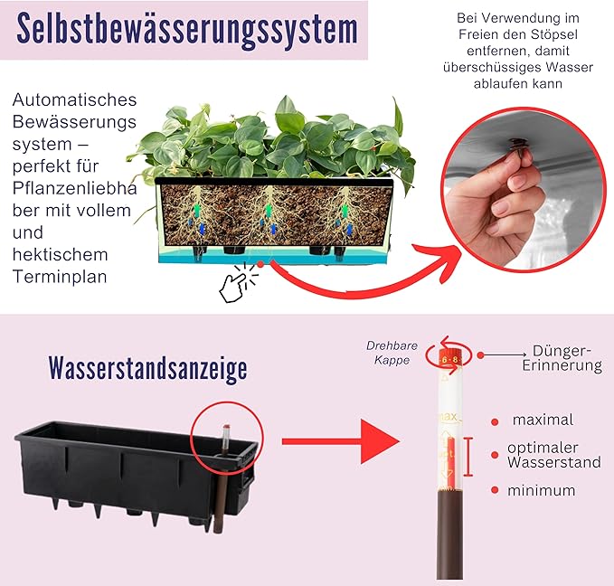 LaLaGreen Planter Boxes Outdoor (40 Inch, 1 Pack) Large Rectangular Self Watering System, Black Window Flower Boxes with Bracket Vertical Plant Container Wall Mount Indoor Succulent Herb Garden Home