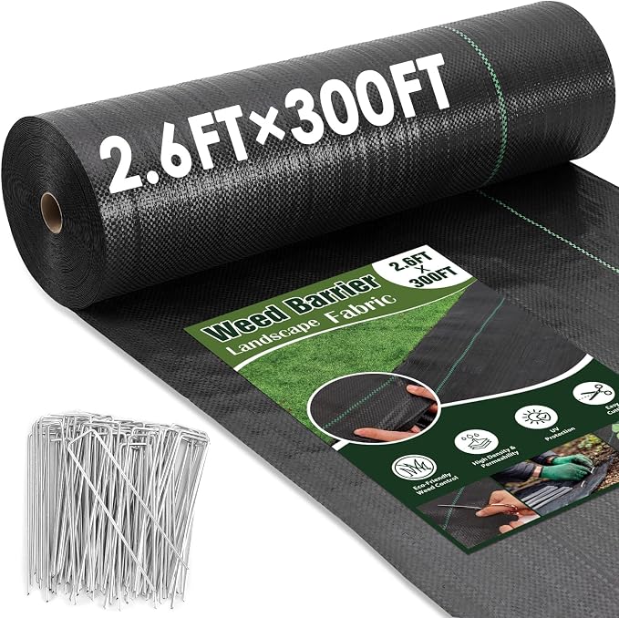 HongWay 2.6FT x 300FT Weed Barrier Fabric, Garden Cloth Woven Landscape Fabric Heavy Duty with 120 U-Shaped Securing Pegs, Lawn Weed Block Mat Ground Cover for Garden Beds, Farming