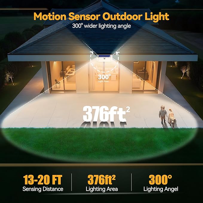 TECKNET 416 LED Solar Powered Outdoor Lights, 270° Angle & 3 Lighting Modes Motion Sensor Light Outdoor, Security Solar Lights Waterproof - 2 Pack, White Color & Warm Light