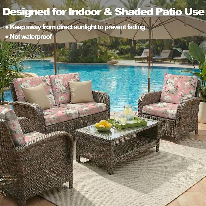 CALBODE 12 Pcs Stretch Outdoor Seat Cushion Covers, Washable Chair Seat Cover for Patio Furniture Cushions Soft Indoor and Outdoor Couch Cover Replacement (Pink Blooming, Cover Only)