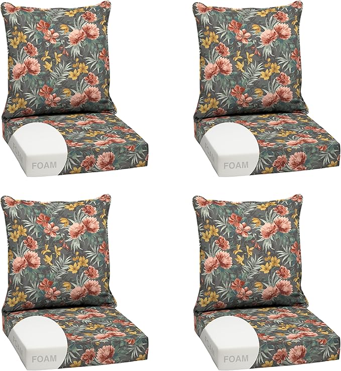 Arden Outdoor Foam Deep Seat Cushion Set (4-Pack), 24x24, Premium High-Density Foam, Never Flattens, Weather-Proof for Patio Chair Sofa Couch, Phoebe Grey Floral