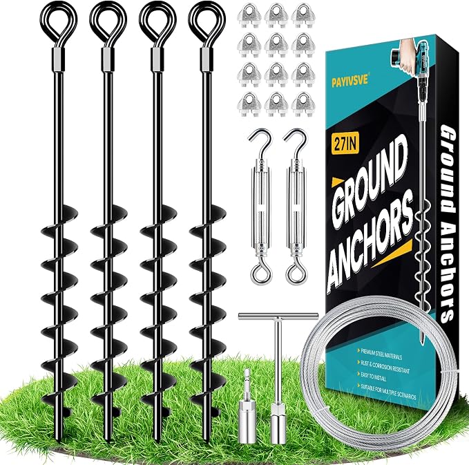 27" Ground Anchors Heavy Duty Shed Anchors Kit, Mobile Home Anchor with 3/16" Galvanized Cable and Turnbuckles for Sheds Canopy Gazebo Trampoline Swing Set(4x27in)