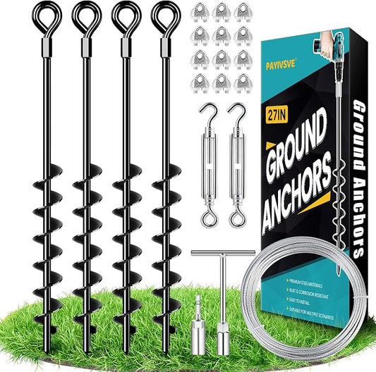27" Ground Anchors Heavy Duty Shed Anchors Kit, Mobile Home Anchor with 3/16" Galvanized Cable and Turnbuckles for Sheds Canopy Gazebo Trampoline Swing Set(4x27in)