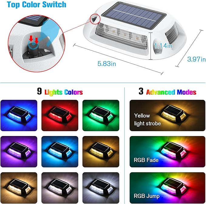 VOLISUN Solar Driveway Lights Dock Deck Lights 8 Pack,9 Colors in 1 Led IP67 Waterproof Outdoor Warning Step Light for Driveway Sidewalk Pathway RGB
