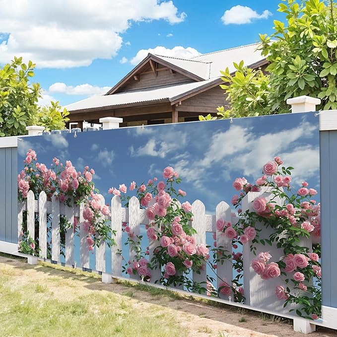 7 * 16FT Summer Garage Door Cover Decorations Sunset Palm Trees Garage Door Banner for Outdoor Indoor Summer Party Photography Backdrop (Rose garden fence, 7 * 16 ft)