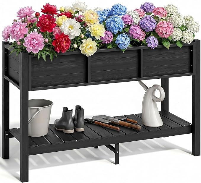 YITAHOME 48x18x30in Raised Garden Bed HDPE, Weather-Resistant Poly Lumber Planter Box with Legs & Storage Shelf, Elevated Garden Bed for Yard, Garden, Balcony - Black