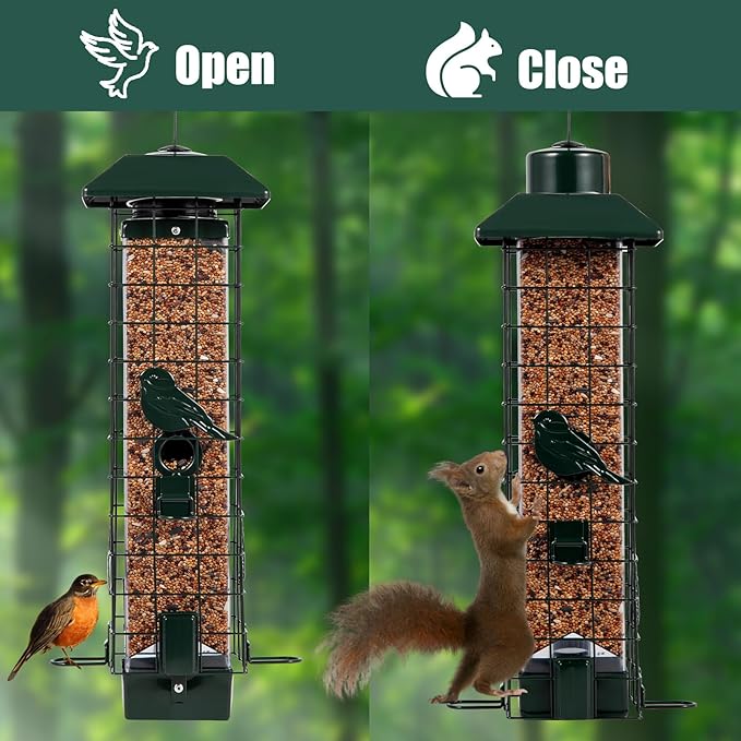 Squirrel Proof Bird Feeders for Outdoors, Metal Wild Bird Feeder for Outside Hanging, 4 Ports Perches, 3LB Large Capacity (Green)