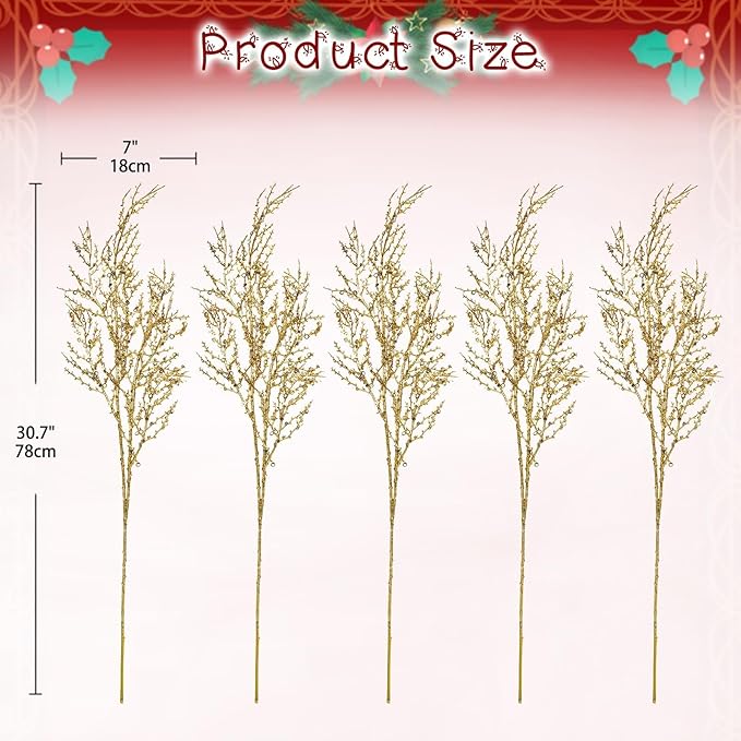30.7" Christmas Gold Glitter Stems, 5Pcs Artificial Spray Leaf Picks Tall Branches for Christmas Tree DIY Xmas Wreath Garland Arrangment Vase Bouquets Table Centerpieces Decoration Home Decor