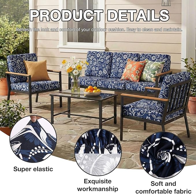 hyha 4Pcs Patio Cushion Covers, Stretch Outdoor Couch Cushion Covers, Washable Outdoor Chair/Sofa Slipcovers for Patio Furniture Cushions Protector with Elastic Bottom(Baroque,Cover Only)