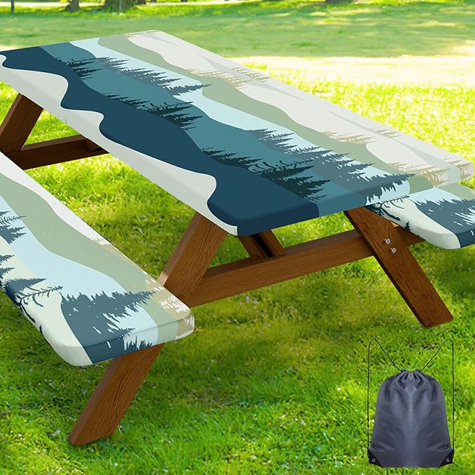 Smiry Picnic Table Cover with Bench Covers, Waterproof Elastic Fitted Tablecloth for 4 Foot Tables, Washable Polyester Tablecloths for Camping, Indoor & Outdoor (Green Blue, 24x48 Inch 3-pc Set)