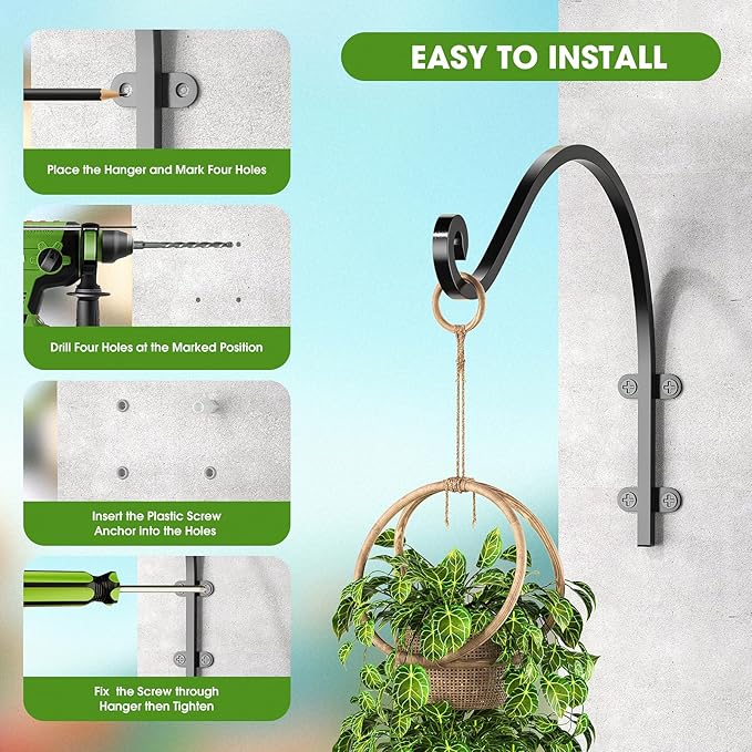 6Pack Heavy Duty Hanging Plant Brackets for Plants Basket Outdoor and Indoor, 12Inch Hanging Brackets Outdoor, 80lbs Holds Metal Plant Hanger Wall Hooks for Hanging Flower Pot Bird Feeder Lanterns