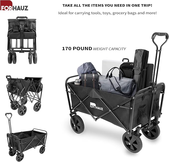 ForHauz Folding Collapsible Heavy Duty Wagon Cart with All-Terrain Wheels for Outdoor Utility, Beach and Garden, Black