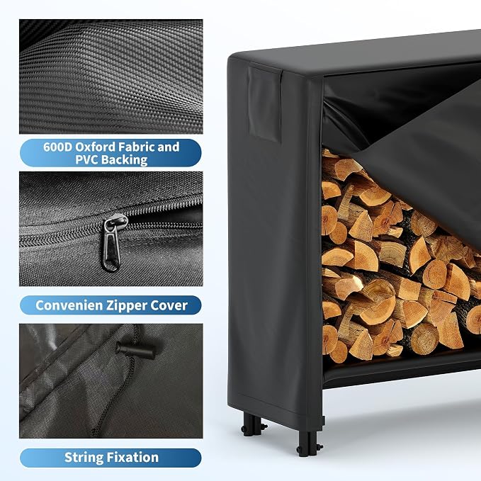 Firewood Rack with Waterproof Cover,8 Ft Outdoor Firewood Holder, Heavy Duty Log Wood Rack with Zipper,600Lb Max Weight Capacity, Full Covered, Powder-Coated Wood Storage Rack for Fireplace Deck