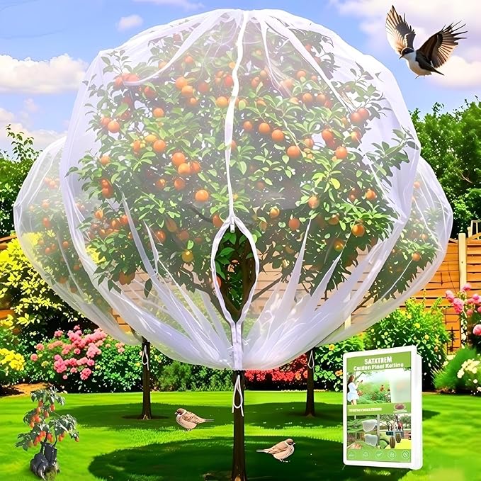 1 Pack 13.2×13.2Ft Extra Large Drawstring & Zipper Fruit Tree Netting Cover - Reusable Bird Netting for Blueberry Bushes, Anti-Cicada/Deer/Squirrel Large Plant Protection Net