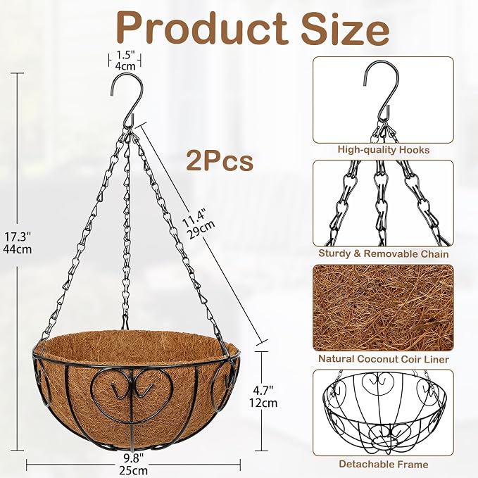 10 inch Metal Hanging Baskets for Plants Outdoor, 2 Pack Metal Wire Hanging Basket Planter with Coco Liner Flower Pots for Indoor Outdoor Garden Porch Patio, Heart-Shaped