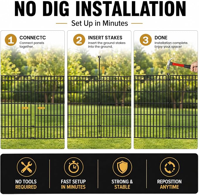 5 Panels No Dig Garden Fence with Gate, 44in(H) × 11.8ft(L) Decorative Metal Outdoor Dog Fence, Rustproof Pet Fencing for Yard, Patio, Flower Bed -Temporary Fencing| Easy to Install
