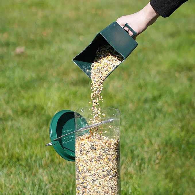 Droll Yankees Squirrel Proof Bird Feeder for Outdoors – Rechargeable Weight-Activated Rotating Perch, 5lb Seed Capacity, Metal Base, UV-Stabilized Seed Tube, Hanging Green Yankee Flipper, YF-M