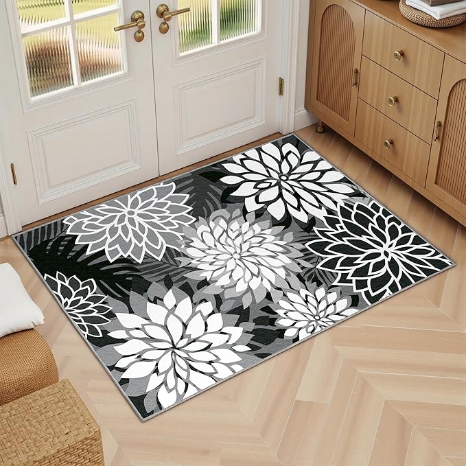 Arenarug 2x3 Washable Small Rug Tropical Botanical Modern Floral Indoor Chenille Door Mat Carpet Non Slip for Patio, Entry Way, Entrance, Porch, Black