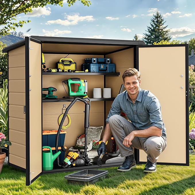 DWVO 4.2x2.6ft Outdoor Storage Shed with 2 Shelves, 54 Cu Ft Waterproof Resin Garden Shed with Floor & Lockable Door, Plastic Tool Cabinet for Garbage Cans, Lawn Equipment, Garden Supplies (Brown)