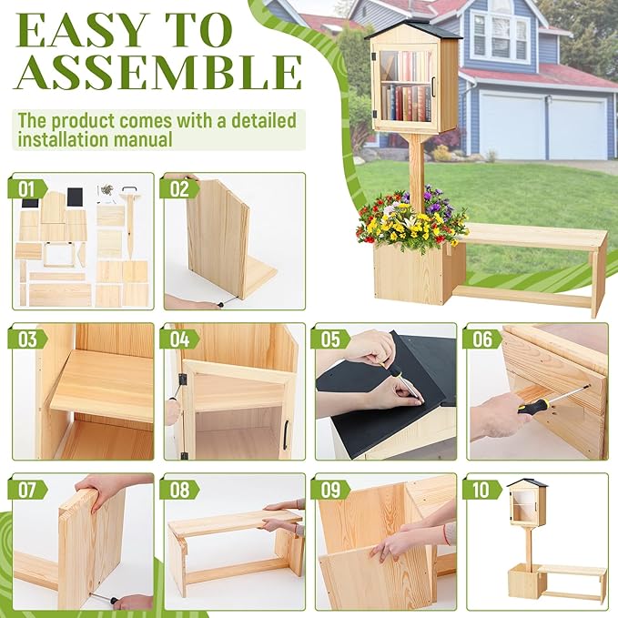 Wonderjune Little Library Box Outdoor, Weatherproof Solid Wood Free Library with Matching Wooden Seats Floor Plugs and Small Flower Fence for Neighborhoods Community School(Wood)