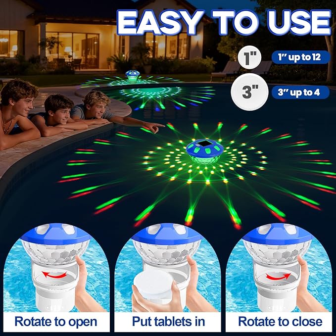 AquClor Chlorine Floater with Light,Pool Chlorine Floater with Adjustable Flow,Solar Chlorine Floater w/Large Capacity,Collapsible Floating Chlorine Dispenser for Pool,Hot Tub Chlorine Floater,White