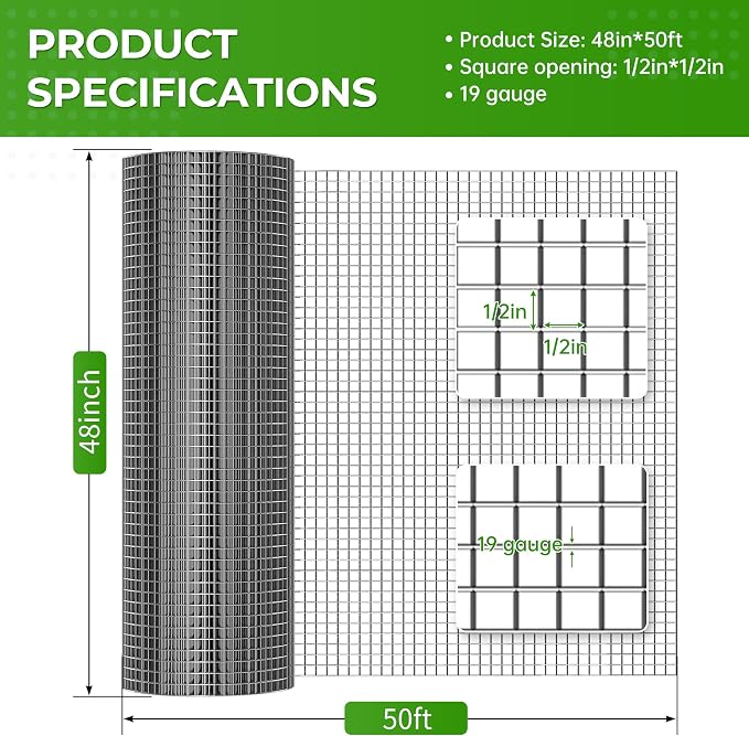 19 Gauge Hardware Cloth 1/2 inch 48 x 50 ft Hot - Dipped Galvanized After Welding, Chicken Wire Mesh Roll, Rabbit Hutches, Chicken Wire Fencing, Tree Guard, Wire Fence Roll, Hardware Mesh