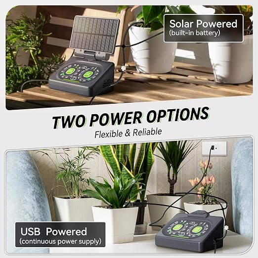RAINPOINT Programmable Solar Drip Irrigation System for Indoor Houseplant Support Up to 15 Plants, Compact Vacation Automatic Plant Waterer Self Watering Device While Away Low Water Auto Shut-Off