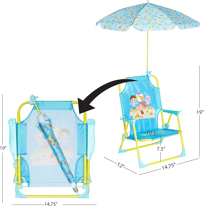 CoComelon Kids Folding Beach Chair with Umbrella – Outdoor Portable Chair for Ages 3+, Lightweight with Safety Lock, Perfect for Beach, Park, or Backyard