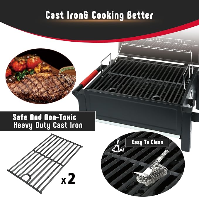 Feasto Portable Tabletop Charcoal Grill, 354 sq.in Cooking Area | with Cast Iron Grates & Temp Gauge, Small BBQ Grill for Camping, Picnic, RV, Outdoor Patio, Grey