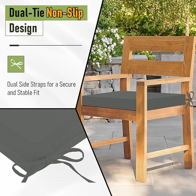 Basic Beyond Outdoor Chair Cushions Set of 2, Square Corner Outdoor Cushions for Patio Furniture, Water Resistant Patio Chair Cushions with 2 Ties, 18.5x16x3, Charcoal Grey