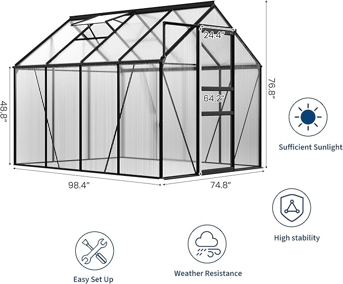 6x8FT Greenhouse for Outdoors, Walk-in Polycarbonate Greenhouse with Sliding Door, Adjustable Roof Vent & Gutter System, Portable Outdoor Green House Kit for Winter Gardening