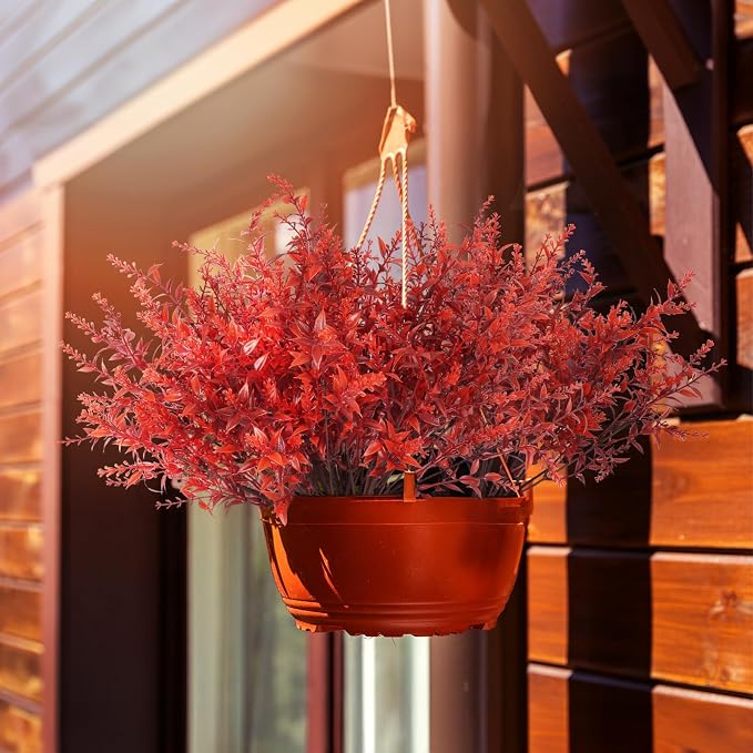 RECUTMS Fake Fall Plastic Flowers Artificial Lavender Plant UV Resistant Flowers Fake Autumn Plant Faux Outdoor Plants Faux Greenery for Party Yard Balcony Thanksgiving Decorations (Wine Red)