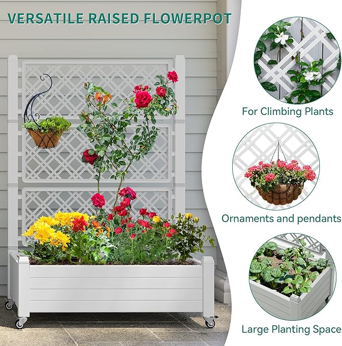 YITAHOME 43.3x17.7x61 in Planter Boxes Outdoor with Trellis, Resin Raised Garden Bed with Wheels & Drain Plug for Climbing Plants, Weather-Resistant Design Elevated Garden Bed with Trellis, White